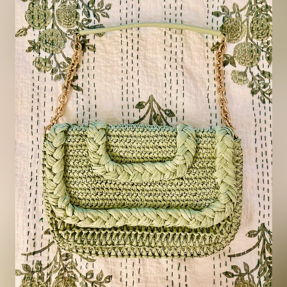 H&M Light Green Braided Shoulder Bag with Gold Chain